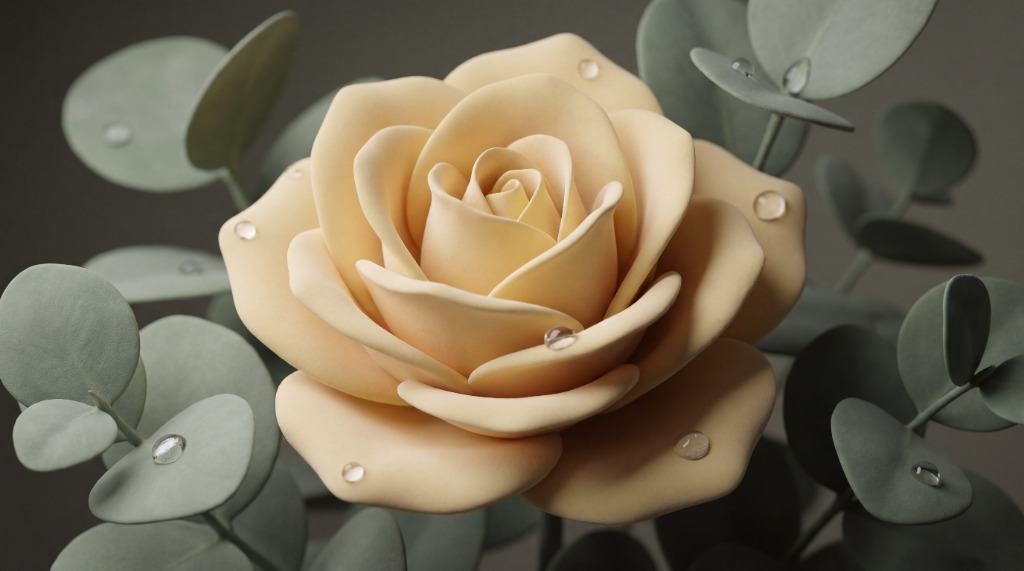 A soft cream rose among sage leaves